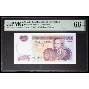 20-rupee “sailing ship” note featuring the portrait of President Sir James Mancham ND (1977).