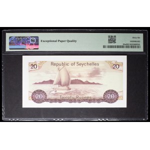 20-rupee “sailing ship” note featuring the portrait of President Sir James Mancham ND (1977).
