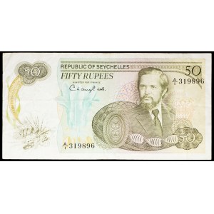 50-rupee seine fishing note featuring the portrait of President Sir James Mancham ND (1977).