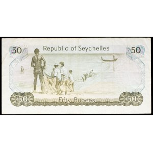 50-rupee seine fishing note featuring the portrait of President Sir James Mancham ND (1977).