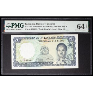 20 shillings mining industry type with a portrait of President Julius Nyerere (1966).