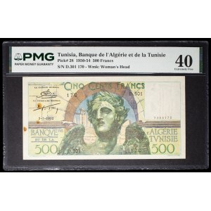500 francs, “Winged Victory” design (modified) – Bank of Algeria-Tunisia, July 2, 1952.