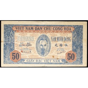 Moneta da 50 đồng del tipo “blu e rosso” con il ritratto di Hồ Chí Minh, emessa nel 1947.