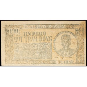 100 Đồng der Serie „Bauern“ mit dem Porträt von Hồ Chí Minh, Tín phiếu ND (1950).