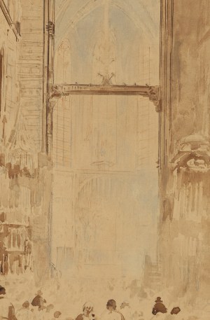 Leon Wyczółkowski (1852 Huta Miastkowska - 1936 Warszawa), Wnętrze kościoła Mariackiego z ołtarzem Wita Stwosza podczas nabożeństwa, 1926