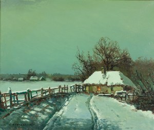 Wiktor Korecki (1890 Kamieniec Podolski - 1980 Milanówek k. Warszawy), Pejzaż zimowy z chatami