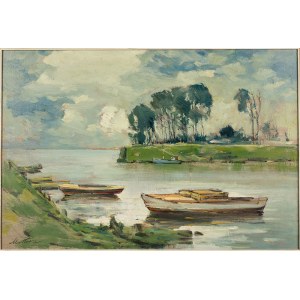 Marian Mokwa (1889 Malary - 1987 Sopot), Pejzaż z łódkami