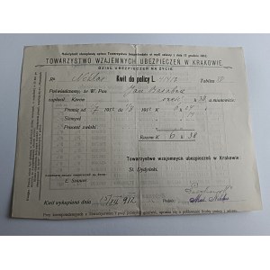 RECEIPT FOR POLICY L, KRAKÓW MUTUAL INSURANCE COMPANY 1912