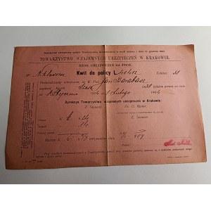 RECEIPT FOR POLICY L, KRAKÓW MUTUAL INSURANCE COMPANY 1904
