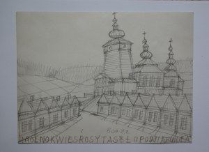 Nikifor Krynicki (1895-1968), Widok na drewnianą cerkiew i zabudowania