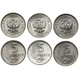 Poland, set: 3 x 5 groszy, 1961, 1962, 1963, Warsaw