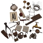 A Mixed Bag of Metal Objects—Lock Parts, Padlocks, Keys, a Faucet, an Iron’s Heating Element, Pliers, Hair Clipper, Philips Cassette Tape Cases, Swiss Army Knife, Cleaver, Glasses/Candlesticks, Sugar Bowl Basket, Napkin