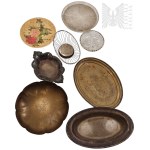Set of Trays, Platters, Plates, Serving Plates, Brass, Glass, Bamboo, Small Basket
