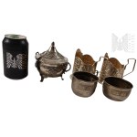 Set of Decorated Chrome- or Nickel-Plated Metal Tableware, Sugar Bowl with Glass Insert, Milk Jug, Glass Coasters, Bowl/Sugar Bowl
