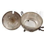 Set of Decorated Chrome- or Nickel-Plated Metal Tableware, Sugar Bowl with Glass Insert, Milk Jug, Glass Coasters, Bowl/Sugar Bowl