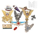 Set of Badges and Pins, Faustinum Association of the Apostles of Divine Mercy, Soviet Navy, Aviation Badge, Submarine, Cuba Parachute Badge, U.S. Transport Badge, Lily, Romanian Pilot Badge