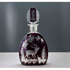 Art Deco crystal decanter with a deer motif—Nový Bor (Haida), from the 1930s