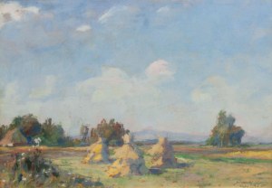 Mieczysław Serwin-Oracki, Snopki siana na łące w Kątach, 1965 r.