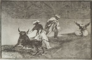 Francisco Goya, Zwodzą byka płachtą na arenie, z cyklu 
