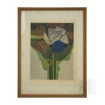 Fumio Fujita (b. 1933 Handa) – 1966 – Print “Flowers and a Bird,” Woodcut, (Japan, Sōsaku Hanga, Japanese Art, Atsugi, Odakyu Culture School)