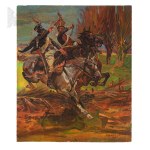 H. Grochowski, based on Wojciech Kossak: Skirmish Between a Guard Light Cavalryman and a Prussian Hussar, Acrylic on Board (Napoleon, Imperial Guard Light Cavalry, 1st Prussian Leibhussar Regiment, Napoleonic Wars)