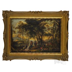 Wg Salvatore Rosa (1615 Neapol - Rzym 1673) - XVIII wiek - Las Filozofów, Olej na Płótnie (Diogenes, Filozofia, Barok, National Gallery, Pejzaż)
