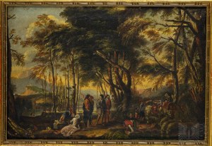 Wg Salvatore Rosa (1615 Neapol - Rzym 1673) - XVIII wiek - Las Filozofów, Olej na Płótnie (Diogenes, Filozofia, Barok, National Gallery, Pejzaż)