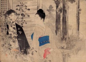 Mizuno Toshikata, „Rendez-vous w ogrodzie świątynnym” z cyklu kuchi-e, 1901 r.