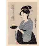 Kitagawa Utamaro, “Okita”—a woman with a cup of tea (bijin-ga), from the series “Beauties of Our Time”
