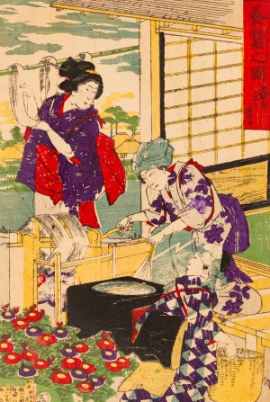 Toyohara Chikanobu, Scena rodzajowa- przygotowywanie nici jedwabnej, okres Meiji.