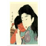 Japanese ukiyo-e woodblock print—a woman with the figure of Hyottoko, 20th century