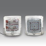 Fratelli Toso Pair of thick-walled glass table lamps with a central polychrome murrina decoration - Murano