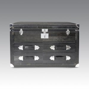 Celeste Dell'Anna (design by) Black-printed leather trunk with steel accents, three-drawer front