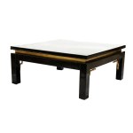 Pair of tables made of black lacquered wood with brass inlays