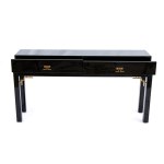 Lacquered wood and brass console table with two front drawers