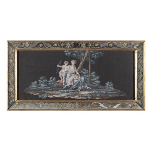NEOCLASSICIZING GOUACHE VENUS WITH CUPIDS IN A VERRE ÉGLOMISÉ MIRROR FRAME | NORTHERN ITALY (VENICE / VENETO)