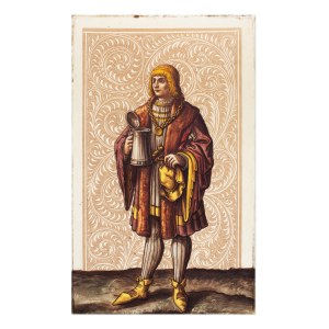 PAINTED STAINED-GLASS PANEL WITH RENAISSANCE CAVALIER AND TANKARD