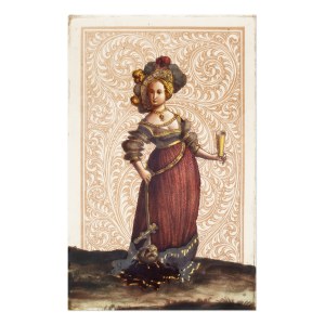 PAINTED STAINED-GLASS PANEL WITH RENAISSANCE LADY AND GLASS