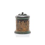 TERRACOTTA TOBACCO JAR WITH ANTIQUE RELIEF AND WOODEN LID | JOHANN MARESCH (SIDEROLITH- UND TERRACOTTA-FABRIK), BOHEMIA (ÚSTÍ NAD LABEM - AUSSIG AN DER ELBE)