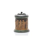 TERRACOTTA TOBACCO JAR WITH ANTIQUE RELIEF AND WOODEN LID | JOHANN MARESCH (SIDEROLITH- UND TERRACOTTA-FABRIK), BOHEMIA (ÚSTÍ NAD LABEM - AUSSIG AN DER ELBE)