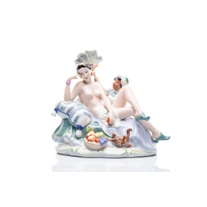 ART DECO PORCELAIN GROUP ODALISQUE WITH SERVANT BOY AND MONKEY | ROYAL DUX BOHEMIA (DUCHCOV, CZECHOSLOVAKIA)