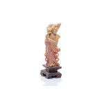 CARVED FIGURINE OF A CELESTIAL FAIRY WITH LOTUS IN SPECKLED SOAPSTONE | CHINA