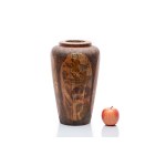 MONUMENTAL CARVED AND PAINTED WOODEN VASE WITH SCENES IN UKIYO-E SPIRIT | JAPANESE PROVENANCE FOR EXPORT, OR EUROPEAN ART-AND-CRAFT WORKSHOP INFLUENCED BY JAPONISME