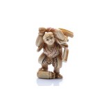 NETSUKE OF MOUNTAIN WARRIOR / MONK WITH AXE AND KATANA "YAMABUSHI" | JAPAN
