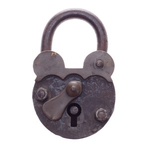 HISTORICAL MASSIVE PADLOCK WITH ROTATING COVER AND BRASS FITTING | GUILD / ARTISTIC LOCKSMITH (CENTRAL EUROPEAN PROVENANCE)
