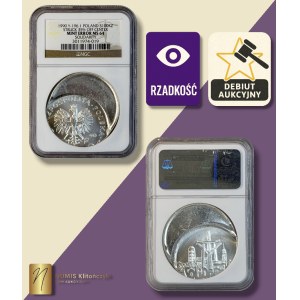 100.000 złotych 1990, Solidarność, NGC Mint Error MS 64, Struck 35% Off Center