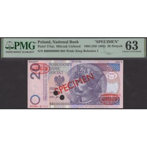 20 złotych 1994, seria BB 0000000, SPECIMEN No 003, PMG 63,