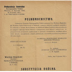 Power of attorney from the General Prosecutor's Office of the Republic of Poland authorizing Wacław Rogiński, director of the State Forests in Siedlce, to file lawsuits and take other actions on behalf of the State Treasury [1933]