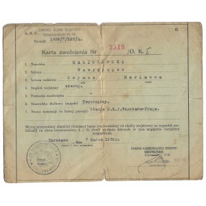 Karta zwolnienia od służby wojskowej na wypadek mobilizacji dla Wawrzyńca Maliszewskiego, zwrotniczego Stacji PKP Warszawa-Praga [1939]