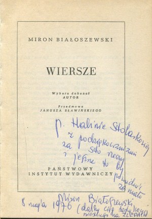 BIAŁOSZEWSKI Miron - Wiersze [1976] [AUTOGRAF I DEDYKACJA]